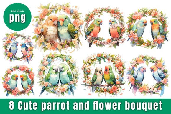 Cute Parrot and Flower Bouquet Clipart